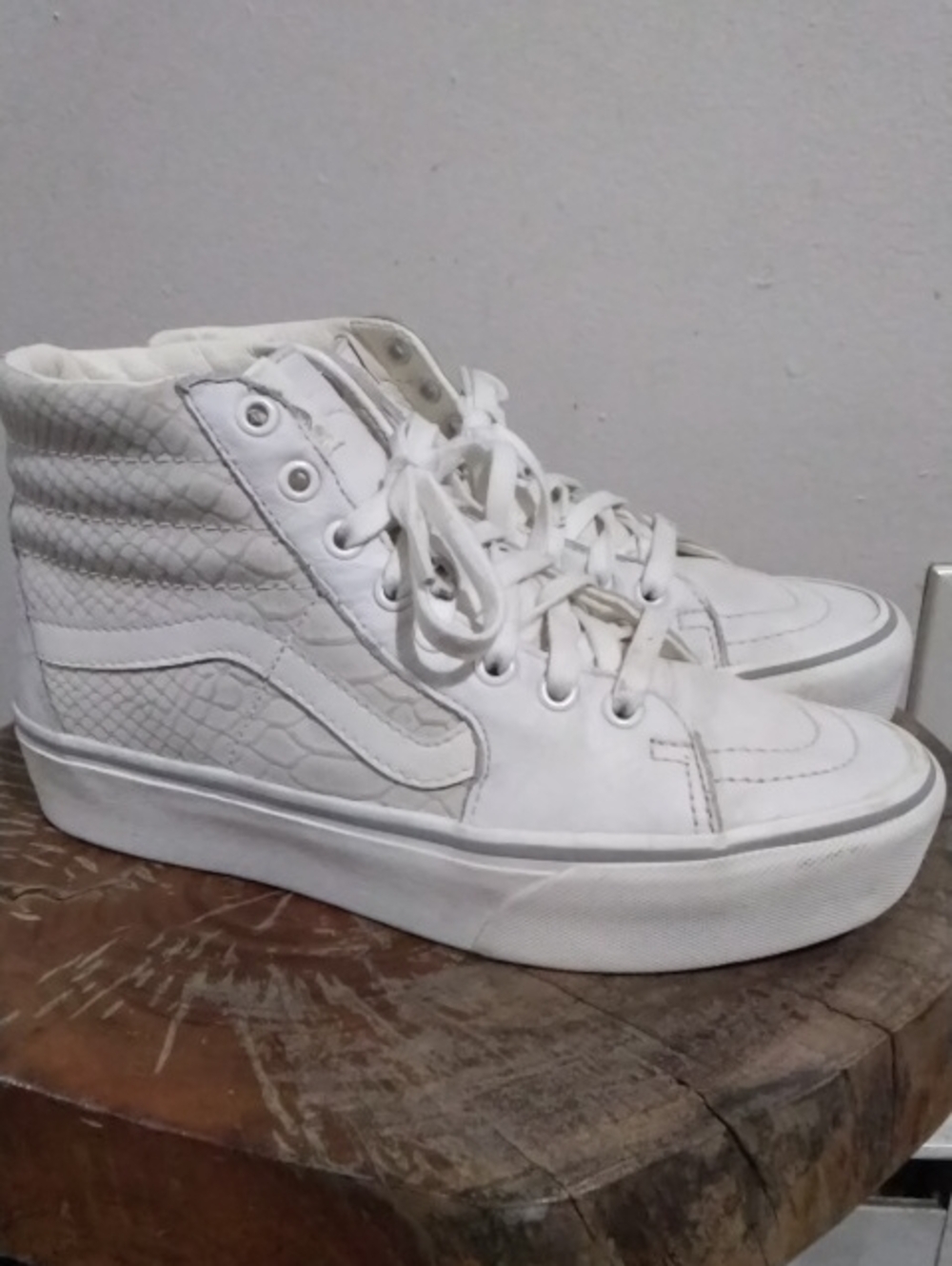 Vans Men’s High-Top Platform Sneakers in White with Snakeskin Pattern. Leather